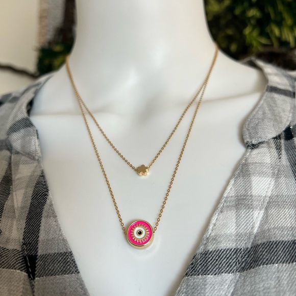 Evil Eye Minimalist Layered Necklace - Pop-of-Color Gold Preppy Necklace - Picture 9 of 17